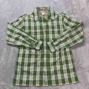 L.L. Bean Shirt Mens Medium White Green Plaid Nylon Long Sleeve Collar Button-Up